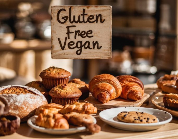 A display of gluten-free vegan baked goods, including muffins, croissants, and cookies.